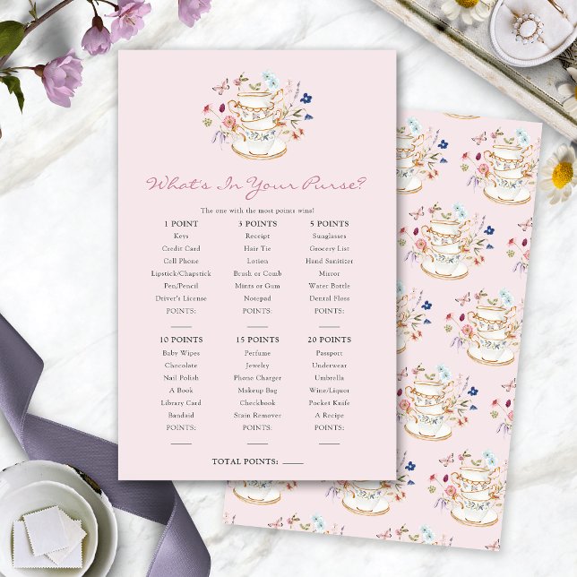 Pink Vad Har Du I Din Handväska Spelet (Pink Tea Party Wedding Shower What's In Your Purse Game by Painted Paperie
)