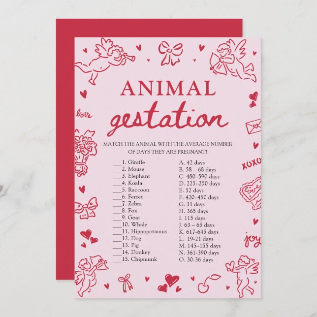 Pink Valentine Animal Gestation Baby Shower Game Inbjudningar (Fram/baksida)
