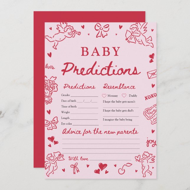 Pink Valentine Baby Predictions Baby Shower Game Inbjudningar (Fram/baksida)
