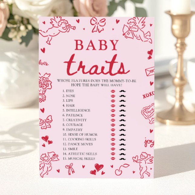 Pink Valentine Baby Traits Baby Shower Game Inbjudningar (Pink Valentine Baby Traits Baby Shower Game)