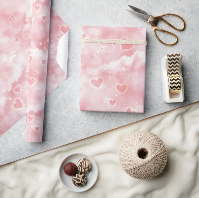 Pink Valentine Clouds Sky with Glowing Hearts Presentpapper (Hantverk)