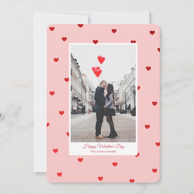 Pink Valentine’s Day photo card with red hearts Inbjudningar (Framsida)