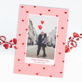 Pink Valentine’s Day photo card with red hearts Kort