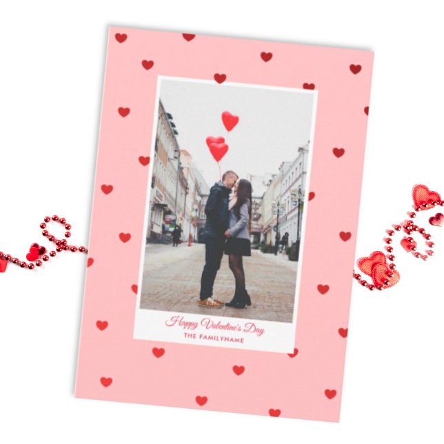 Pink Valentine’s Day photo card with red hearts Vykort (A Valentine's Day Postcard to send your love with a tiny pinch of vintage romance)