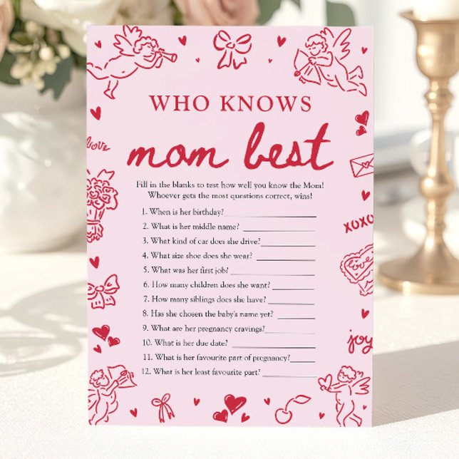 Pink Valentine Who Knows Mom Best Baby Shower Game Inbjudningar (Pink Valentine Who Knows Mom Best Baby Shower Game)