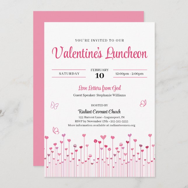 Pink Valentine's Church Luncheon Heart Flowers Inbjudningar (Fram/baksida)