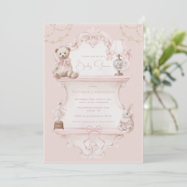 Pink Vintage Elegant Baby Shower Inbjudningar (Stående Fram)