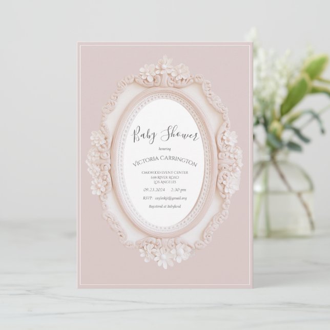 Pink Vintage Frame Baby Shower Inbjudningar (Stående Fram)