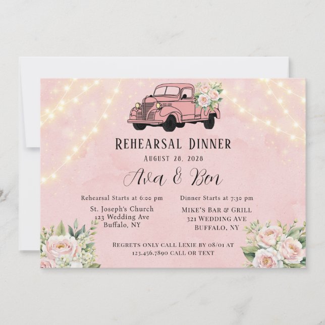 Pink Vintage Truck Peony Lights Rehearsal Dinner Inbjudningar (Framsida)