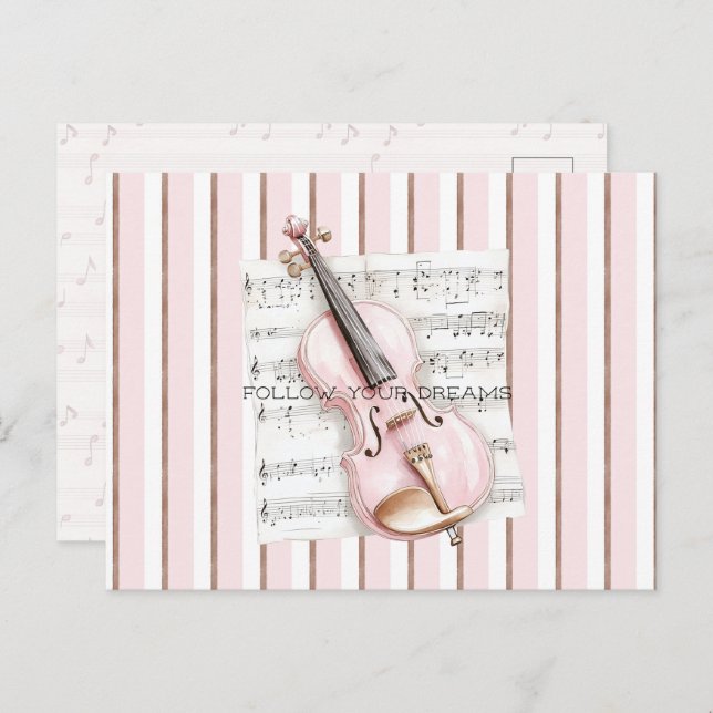 Pink Violin Music Sheet Vykort (Fram/baksida)