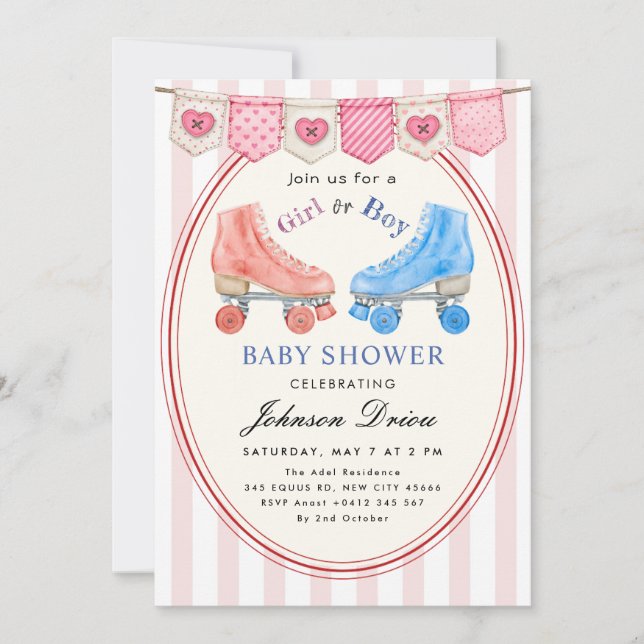 Pink Watercolor Baby Shower | Roller Skate Inbjudningar (Framsida)