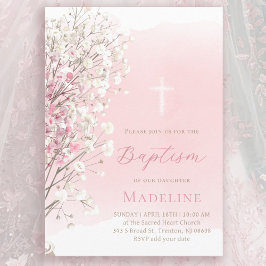 pink watercolor baby's breath | Baptism baby girl Inbjudningar