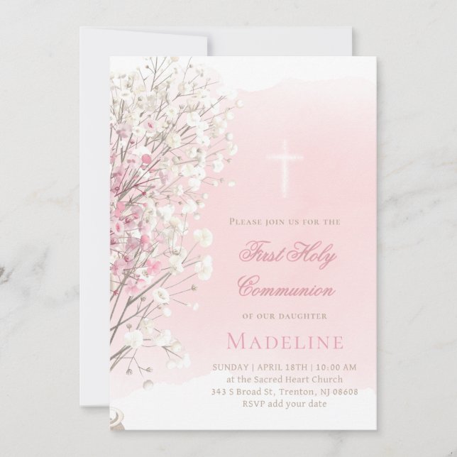 pink watercolor baby's breath |  First Communion Inbjudningar (Framsida)