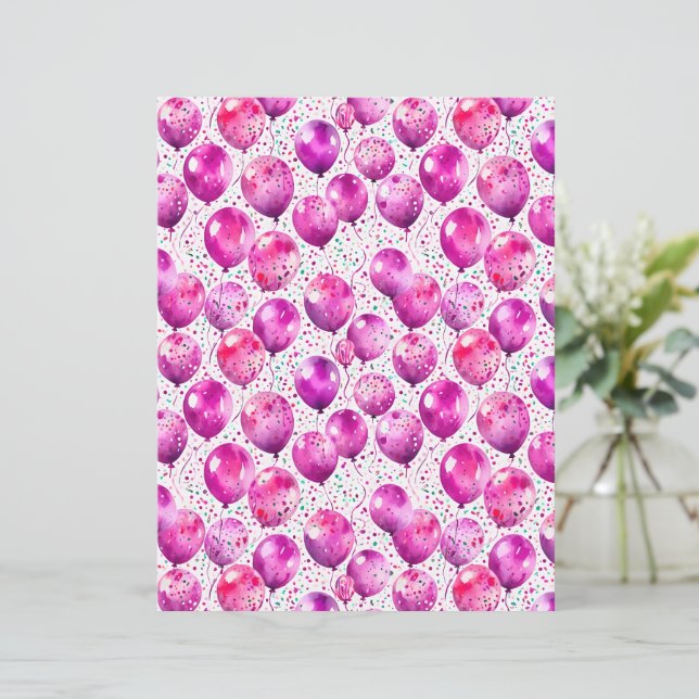 Pink Watercolor Balloons and Confetti Party Paper (Stående Fram)