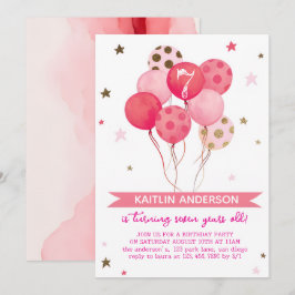 Pink Watercolor Balloons Girl 7th Birthday Party  Inbjudningar