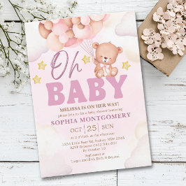 Pink Watercolor Bear Baby Shower Girl Inbjudningar