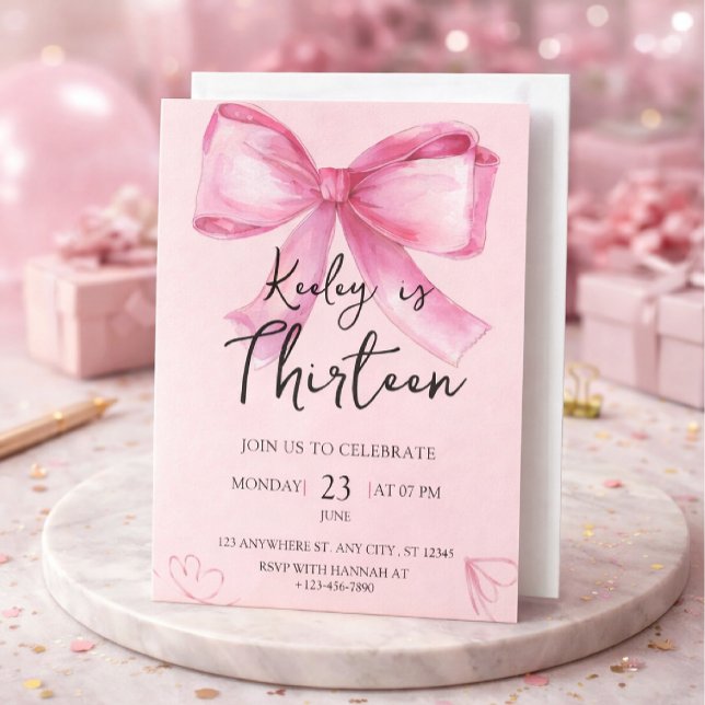 Pink Watercolor Bow Birthday Invitation Inbjudningar (Skapare uppladdad)