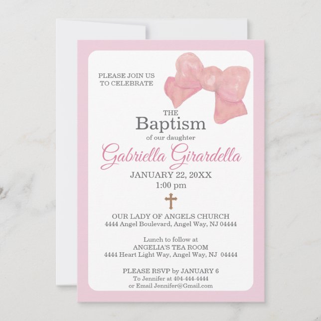 Pink Watercolor Bow & Cross Baptism Invitation Inbjudningar (Framsida)