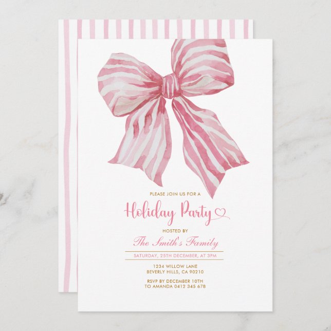 Pink Watercolor Bow Holiday Party Invitation Inbjudningar (Fram/baksida)
