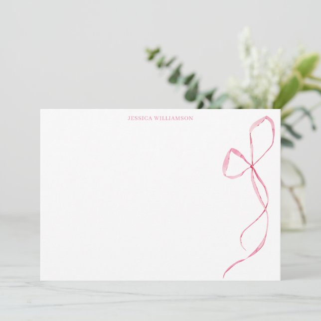 Pink Watercolor Bow Personalized Stationery Tack Kort (Stående Fram)