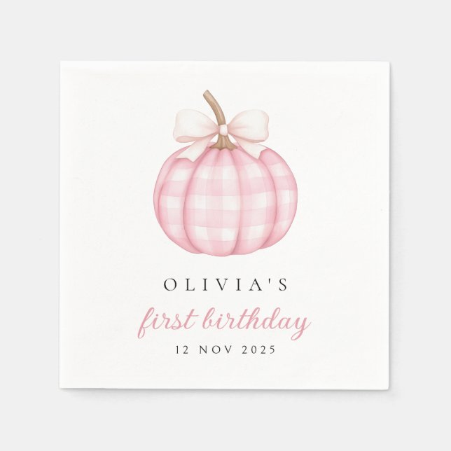 Pink watercolor Bow Pumpkin 1st Birthday Napkins Pappersservett (Framsidan)