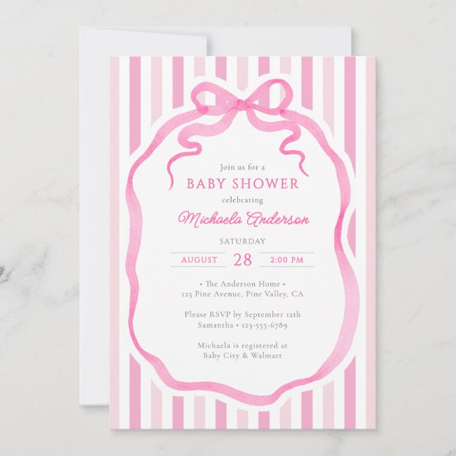Pink Watercolor Bow & Stripes Baby Shower Inbjudningar (Framsida)