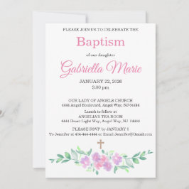 Pink Watercolor Floral Cross Baptism Invitation Inbjudningar