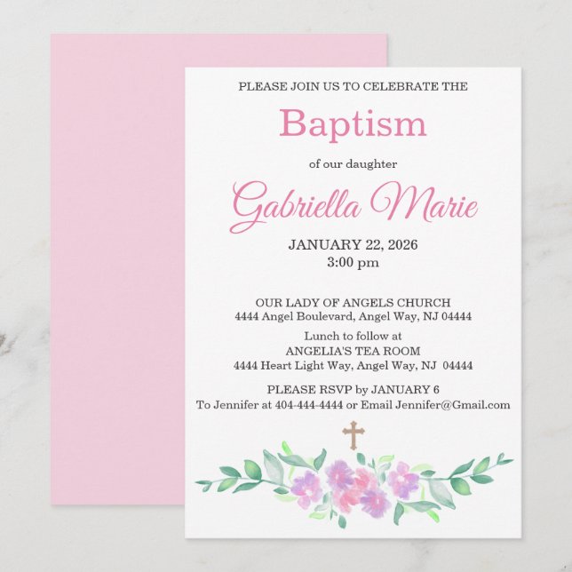 Pink Watercolor Floral Cross Baptism Invitation Inbjudningar (Fram/baksida)