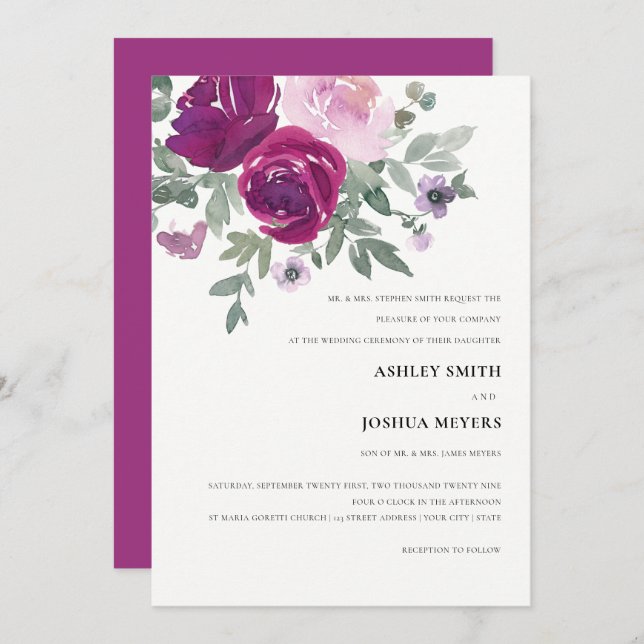 Pink Watercolor Floral Pearl White Magenta Wedding Inbjudningar (Fram/baksida)
