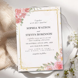 Pink Watercolor flowers Gold Modern Wedding Party  Inbjudningar