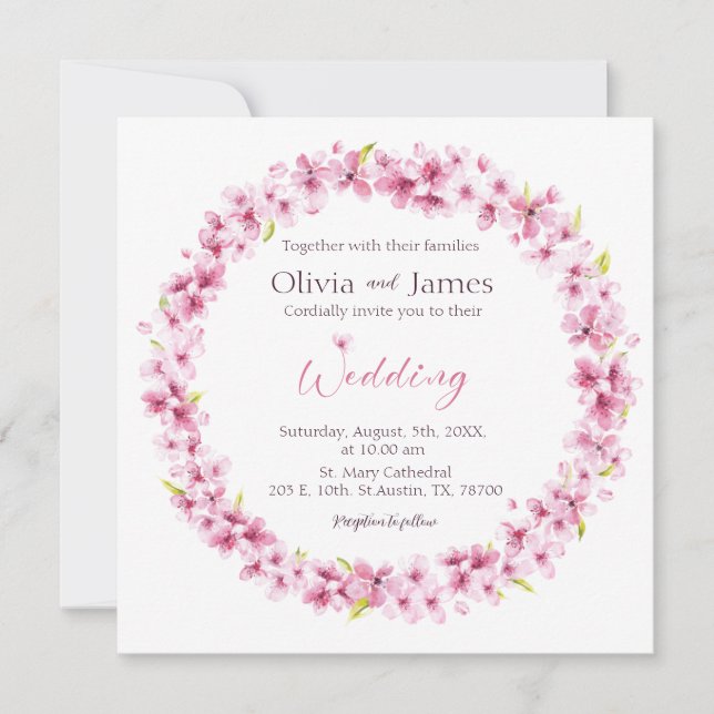 Pink Watercolor Flowers Wreath Wedding Invitation Inbjudningar (Framsida)