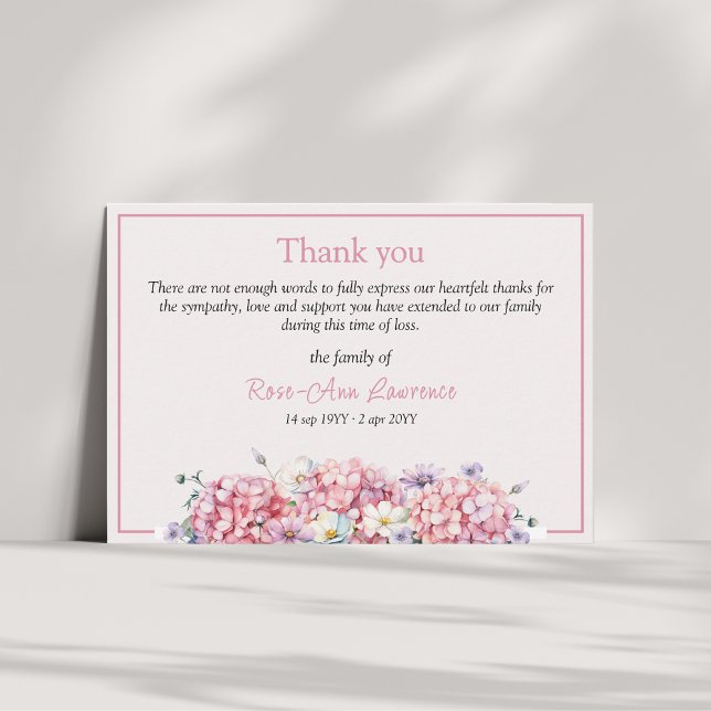 Pink watercolor hydrangea summer flowers funeral tack kort (Skapare uppladdad)