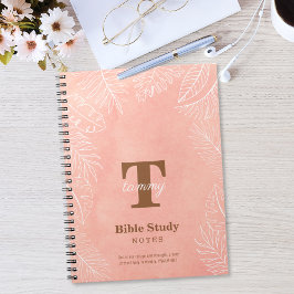 Pink Watercolor Leaves Monogram Bible Study Anteckningsbok