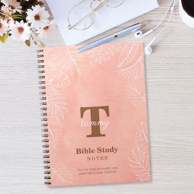 Pink Watercolor Leaves Monogram Bible Study Anteckningsbok (Skapare uppladdad)