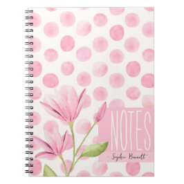 Pink Watercolor Polka Dots & Flowers Anteckningsbok