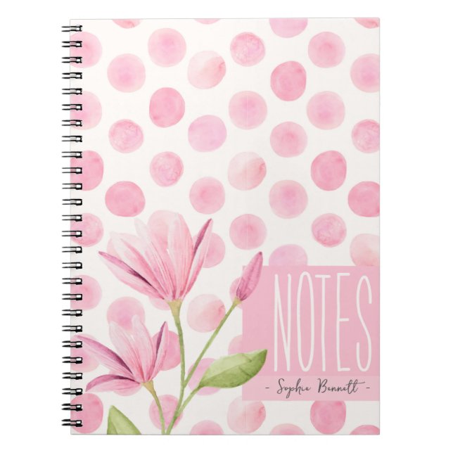 Pink Watercolor Polka Dots & Flowers Anteckningsbok (Framsidan)
