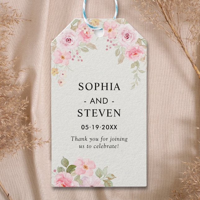Pink Watercolor Roses Modern Wedding Party Presentetikett (Skapare uppladdad)