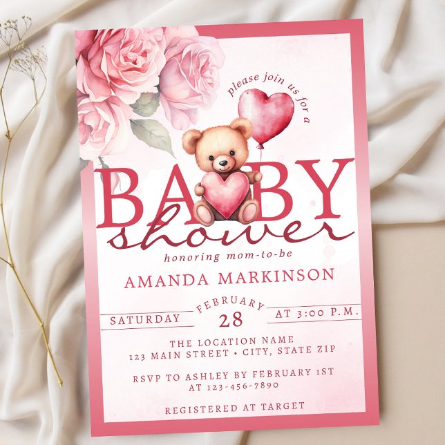 Pink Watercolor Valentine Teddy Bear Baby Shower Inbjudningar (Skapare uppladdad)