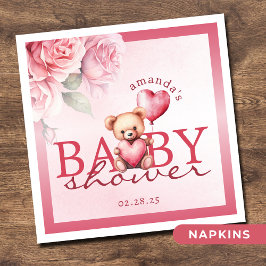 Pink Watercolor Valentine Teddy Bear Baby Shower Pappersservett