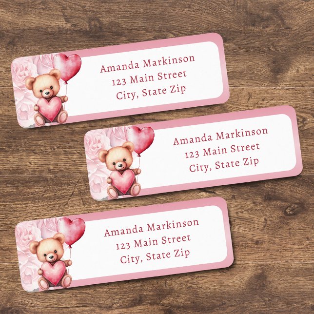 Pink Watercolor Valentine Teddy Bear Baby Shower Returadress Etikett (Skapare uppladdad)