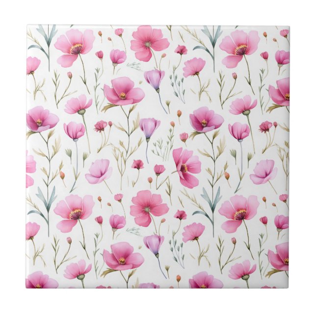 Pink Watercolor Wildflower  Kakelplatta (Framsidan)