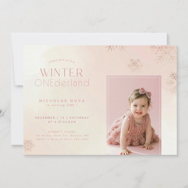 Pink Watercolor Winter Onederland Birthday Photo Inbjudningar (Framsida)
