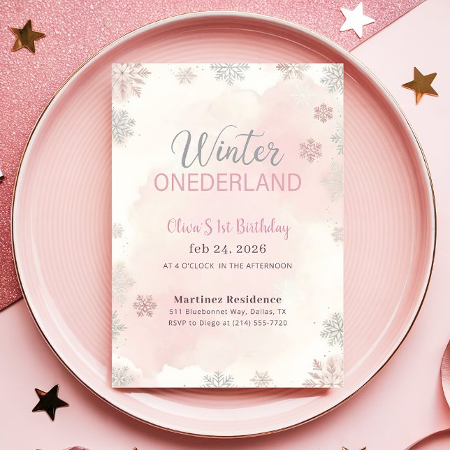 Pink Watercolor Winter Wonderland First Birthday Inbjudningar (Skapare uppladdad)