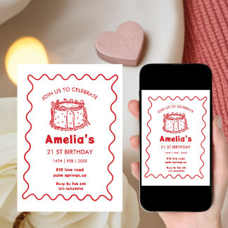 Pink Wavy Birthday hand drawn cake Inbjudningar