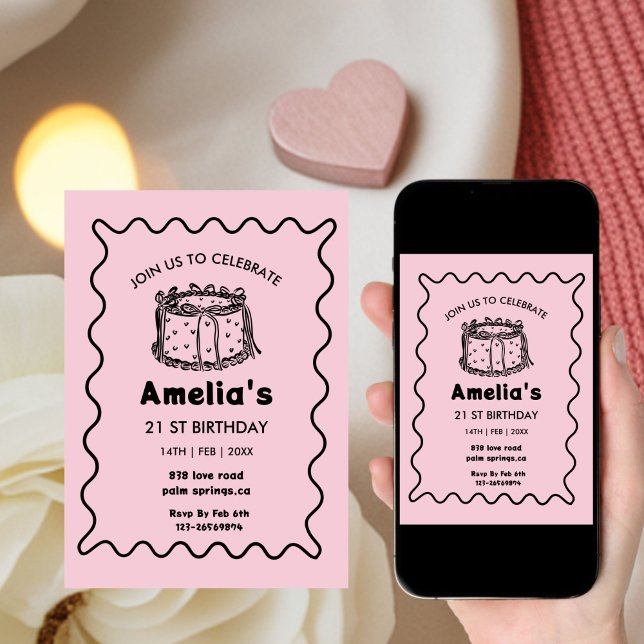 Pink Wavy Birthday hand drawn cake Inbjudningar (Skapare uppladdad)