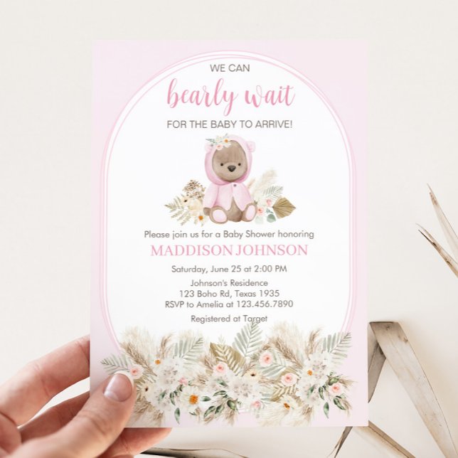 Pink We Can Bearly Wait Baby Shower  Inbjudningar (Girl We Can Bearly Wait Baby Shower Invitation)