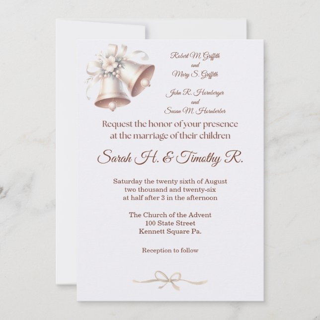 Pink Wedding Bells Traditional Wedding Invitation Inbjudningar (Framsida)