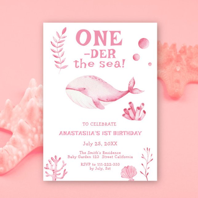 Pink Whale Oneder The Sea 1st Birthday  Inbjudningar (Skapare uppladdad)