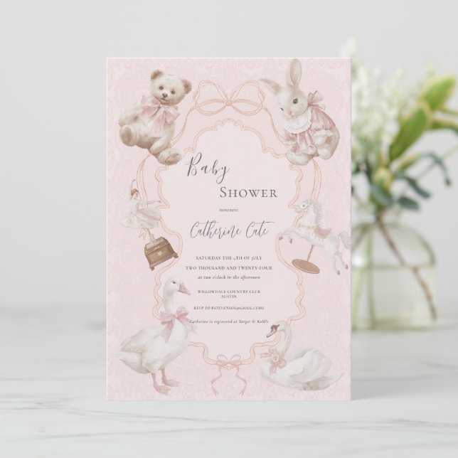 Pink Whimsical Elegant Bear Baby Shower Inbjudningar (Stående Fram)