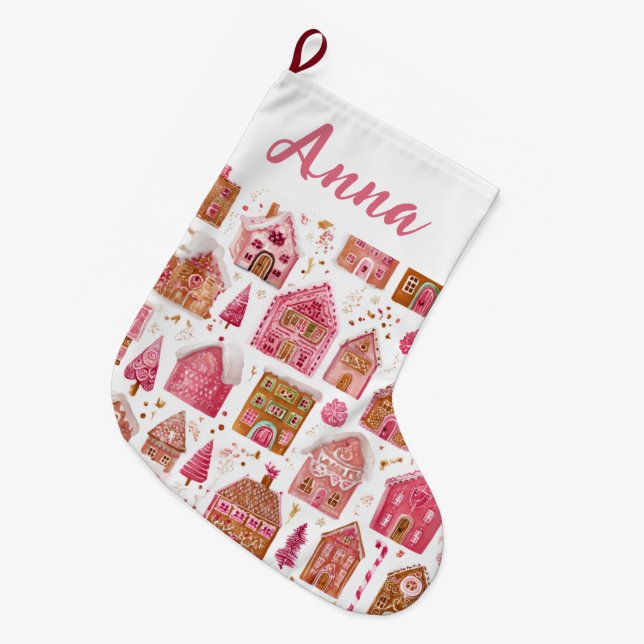Pink Whimsical Gingerbread Houses Name Stocking Stor Julstrumpa (Framsidan (Hängande))